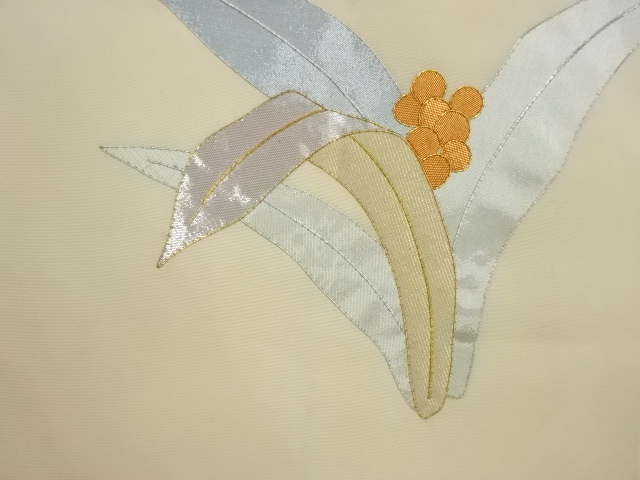  塩瀬金銀駒刺繍万年青模様名古屋帯